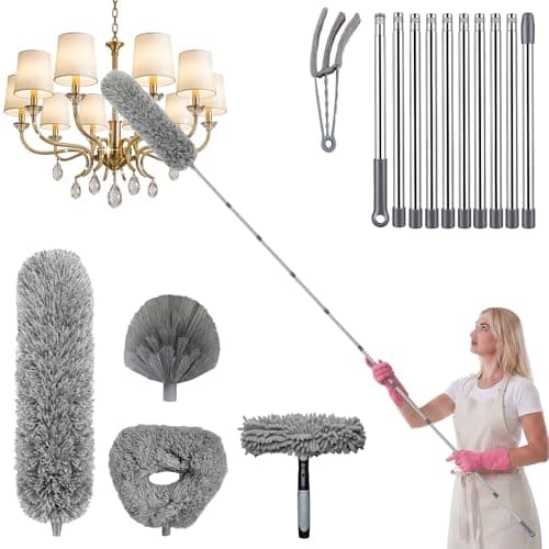 Image of Extending Duster, 6m Long Feather Duster High Reach Dusting Kit with Adjustable Extension 1.5 to 4.9 m Window Squeegee with Scraper Multi-Function Ceiling Fan Brush for Cleaning Roof Blinds Cobweb