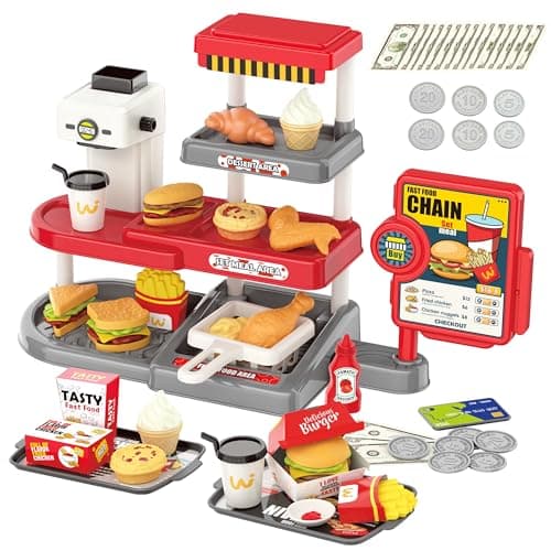 Image of Cash Register Toy for Kids - Pretend Play Fast Food Store & Kitchen with Play Money, Sound and Credit Card - 71 Pcs Play Food Sets Kitchen with Burgers, Wings and Fries, Toy Till for kid Ages 3+