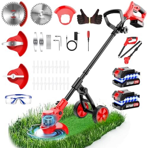 Image of Cordless Strimmer,Electric Garden Strimmers with 2×2.0 Ah Batteries and Charger, 4 in 1 Lightweight Lawn Strimmer Cordless with Detachable wheels for Lawn Mowing,Edging,Garden