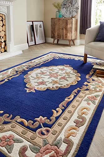 Image of Lord of Rugs Lotus Premium Traditional Rug Aubusson Wool Heavy Thick Floral Hand Tufted Classic Rug Navy X-Small 60x120 cm (2'x3'11''')