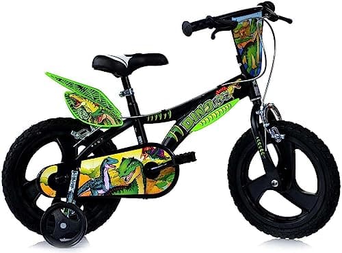 Image of Child Bicycle Boy Dinosuar 16 Inch Brakes on Handlebar Removable Wheels Black Green