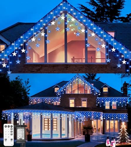 Image of ULIGHTOWN Icicle Lights Outdoor, 9M/29.5FT Star Icicle Outdoor Christmas Lights, IP44 Waterproof&8 Modes&3 Timer&4 Brightness Fairy Lights Plug in for Indoor,Eaves,Window,Festival Decor-Blue White