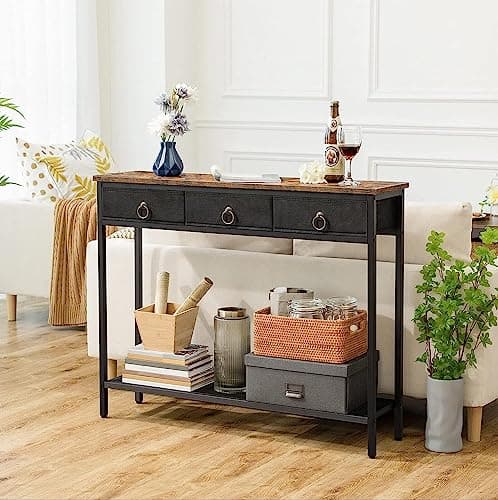 Image of FEFE Console Table Industrial Hallway Table, Slim Sofa Table with 3 Non-woven Drawers, Metal Mesh Frame, Sturdy, Narrow Side Table for Small Spaces, Entrance, Living Room, Rustic Brown