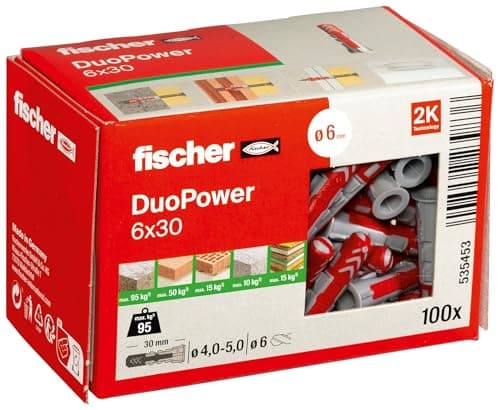 Image of fischer DuoPower 6 x 30, Powerful Universal Plug with Intelligent 2-Component Technology for Fastenings in Concrete, Bricks, Gypsum Plasterboard, Chipboard, etc., 100 Plugs Without Screws
