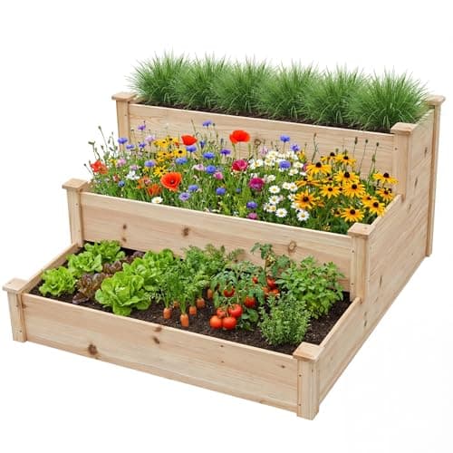 Image of Greenera 3 Tier Raised Garden Bed, Wooden Elevated Planter Box with Open-Ended Base for Vegetables, Flowers, Herbs for Outdoor Garden Backyard Patio