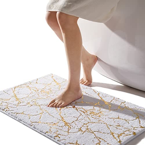 Image of QJHOMO White Bath Mat 50 x 80 cm Bathroom Mat Non Slip Bath Mats Gold Stripes Marble Rug Absorbent Microfiber Bathroom Rug Machine Washable Floor Carpet for Shower, Living Room, Bedroom