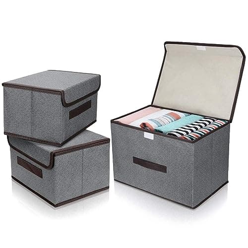 Image of QINGHEC 3 Pcs Foldable Storage Boxes with Lids, Collapsible Storage Box, 2 Sizes, Clothes Organiser, Canvas Storage Bins for Toys, Books, Bedroom, Living Room - Grey