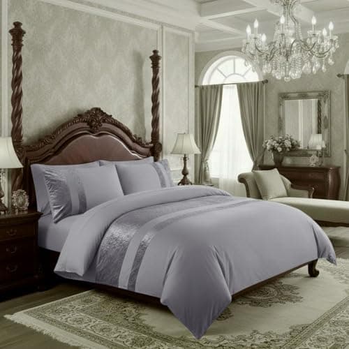 Image of Casabella Luxury Crushed Velvet Panel Band Duvet Cover Sets with Pillow Case King Size Duvet Cover Bedding Set – Silver Crush Velvet King Duvet Cover Sets
