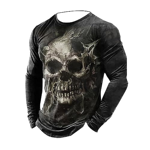 Image of T-Shirt Men's Skull Print T-Shirt Long Sleeve Top Casual Fashion Sweatshirt Vintage Crew Neck Pullover Distressed Streetwear Steampunk Top Medieval Casual Shirt, black, 5XL