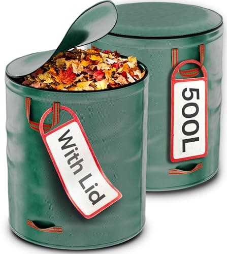 Image of Praknu 2 x Garden Waste Bags with handles & Lid 500L - Reusable Heavy Duty Garden Sacks - Ideal for Collecting Plant Waste, Grass and Leaves - Garden Bags - Gardening Bag - Leaf Bag