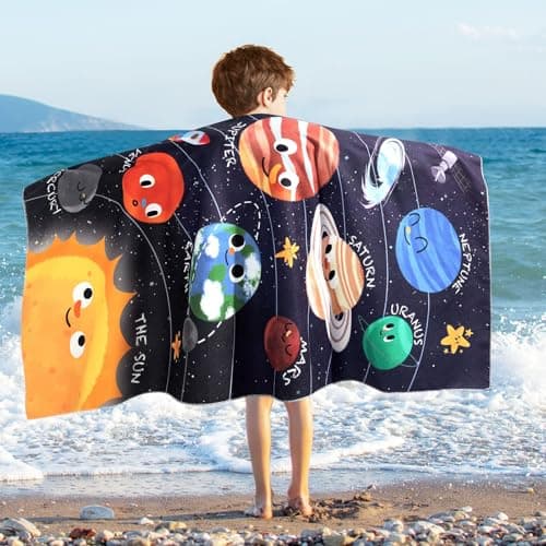 Image of WERNNSAI Planet Kids Beach Towel for Boys - 76 x 150cm Planet Sand Free Swim Towels for Boys Bath Pool Camping Travel Towel Quick Dry Ultra Absorbent Super Soft Beach Blanket Bath Shower Towel