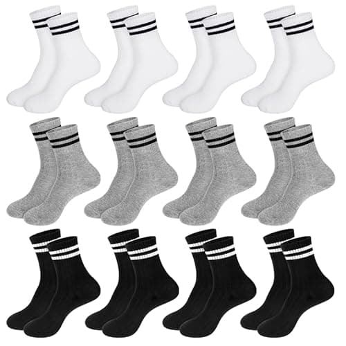 Image of Partideal 12 Pairs Kids Socks Junior Crew Cotton School Sports Socks, Black White Grey Striped Cotton School Athletic Socks, Casual Stretchy Socks for Girls and Boys(9–12 years old Multi)