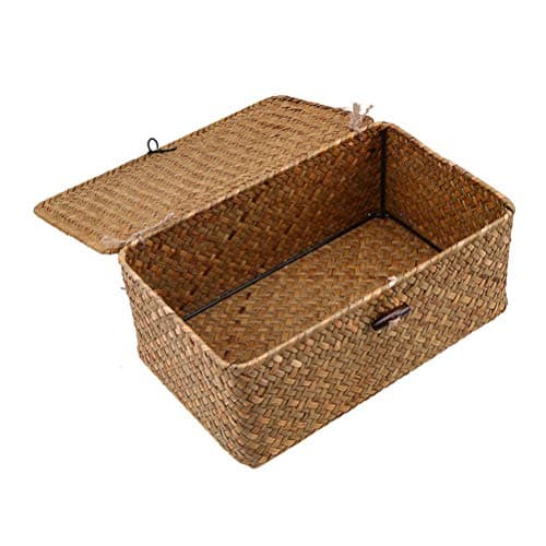 Image of Wicker Storage Basket Woven Rattan Storage Box With Lids Seagrass Laundry Baskets Makeup Organizer For Bathroom, Living Room, Kitchen (M)