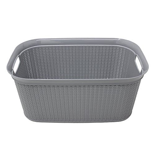 Image of JVL 13-352GY Knit Design Loop Plastic Rectangular Linen Washing Basket with Handles, Grey, 36.5 x 56.5 x 25.5 cm, 38 Litres, Rectangle