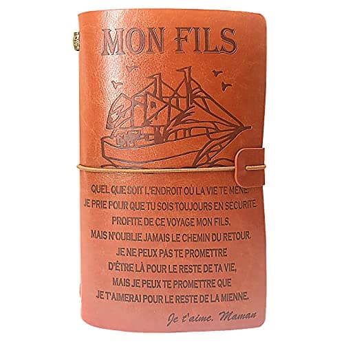 Image of A Mon Fils Leather Notebook Gift, OMNIQI Notebook Diary Birthday Gifts Vintage Blank Travel Notebook Christmas Graduation Easter Gift for Son (Maman)
