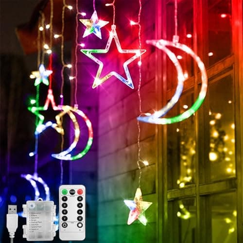 Image of Jsdoin LED String Lights - 3.5m Star Moon LED Curtain Lights with 8 Flashing Modes Decoration for Christmas, Wedding, Party, Home, Terrace, Ramadan,Lawn,USB/Battery Powered (Multicolour)