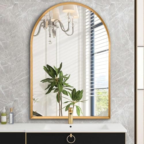 Image of HLFMVWE Arched Mirrors for Wall,Gold Bathroom Mirror Brushed Metal Vanity Wall Mounted Mirror for LivingRoom Bedroom Entryway Room vanity Home Decor 45 x 65CM