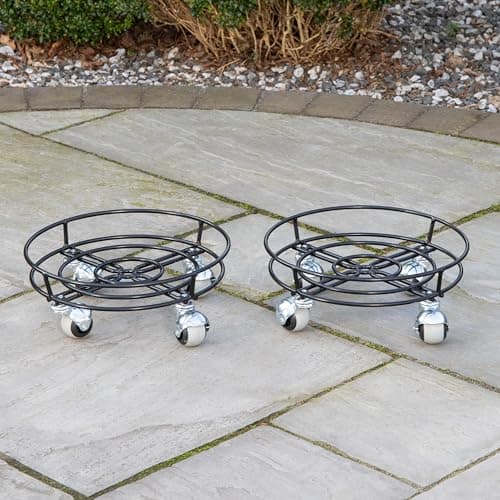 Image of Samuel ALEXANDER Pack of 2 Handcrafted Heavy Duty Round Black Metal Garden Patio Plant Flower Pot Stand Caddy Trolley on Strong Metal Castor Wheels 32cm