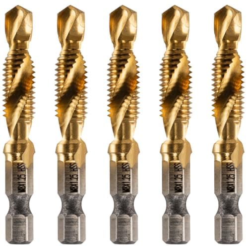 Image of Rennie Tools - Pack Of 5 - M8 x 1.25 Combination Drill and Tap Bit, 1/4" Hex Shank. Metric Coarse Titanium Coated HSS Spiral Flute Drilling Tapping Tool. 8mm x 1.25mm Pitch Drill Bit.
