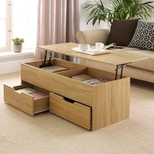 Image of Home Source Lift Up Top Living Room Coffee Table, Pivoting Lid, Locking Support, 2 Large Storage Drawers, Oak Effect Finish