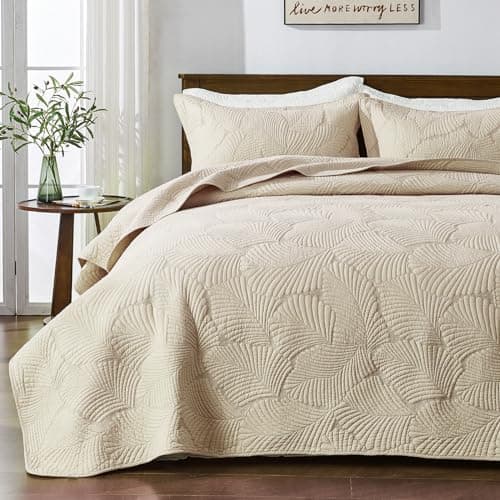 Image of Qucover Beige Bedspread Soft and Comfortable Cotton Quilted Bedspreads King Size with Elegant Embroidered Palm Leaf Pattern, 3 Pieces Bedspreads Coverlets Sets with Pillowcases for All Seasons