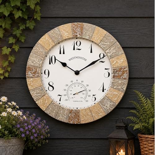 Image of Homezone 10" Brick Effect Garden Clock & Thermometer - Large Battery Operated Wall Clock Water Resistant Resin with Temperature Gauge - Durable Quartz Clock for Indoor & Outdoor Garden Decoration