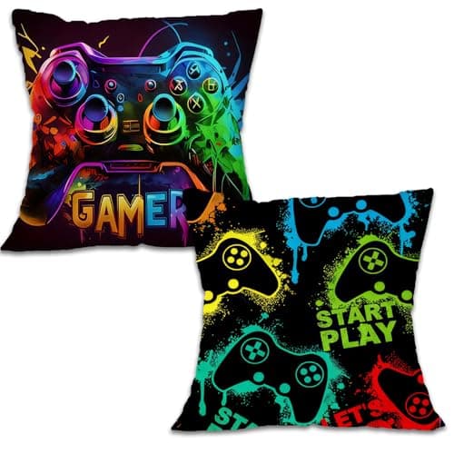 Image of Nodrex 2 Pcs Gaming Pillow Covers 45×45cm, Plush Cushion Covers, Gamer Decor, Boys Bedroom Accessories, Gaming Bedroom Accessories, Colourful Game Style Room Accessories