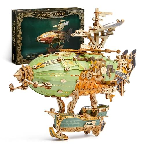 Image of FUNPOLA LED 3D Wood Puzzle Fantasy Airship Model - Steampunk DIY Craft Kit with LED Lights – Intricate Wooden Airship Model Building Set for Teens and Adults (Green)