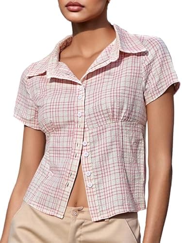 Image of Anuedgis Womens Short Sleeve Button Up Shirts Classic V Neck Collared Slim Fit Plaid Blouses Y2k Going Out Top (A-Pink, S)