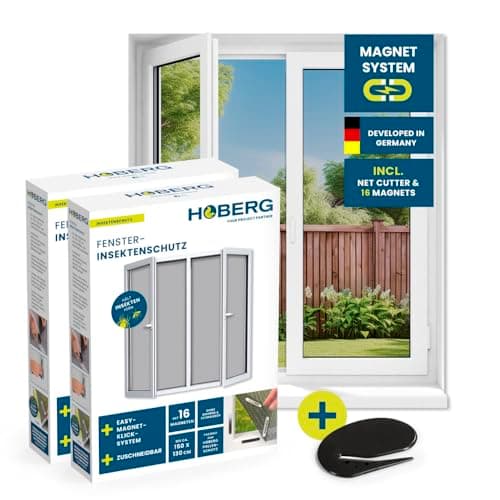 Image of Hoberg Window Fly Screen with Innovative Magnetic Fastening | Fly net can be Individually Cut to Size up to 150 x 130 cm, no Drilling or screwing | Attach Mosquito net with 16 Magnets [2 Pieces]