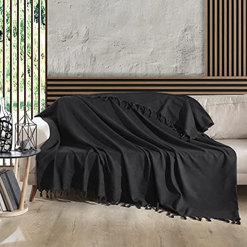 Image of Milam London Black Throw Blanket Cotton Large Throw For Sofas | Beds | Settees | Bedspread Double Size | Large Blanket For Beds | 200 x 230 cm