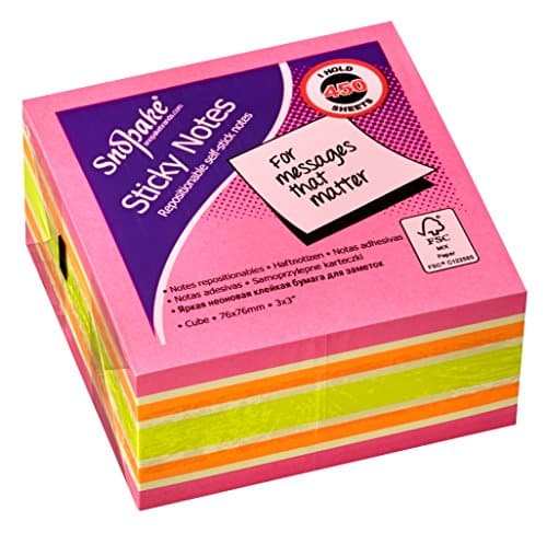 Image of Snopake 76 x 76 mm Pink Rainbow NeonMix Sticky Notes [Cube of 450 Sheets] 15759