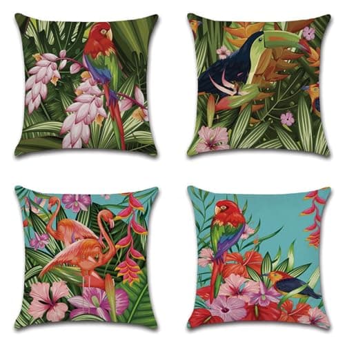 Image of Tainrun Throw Pillow Covers 28x28in Set of 4 Tropical Plant Birds Decorative Pillow Cases Velvet Cushion Covers,with Invisible Zipper Modern Outdoor Cushion Garden Sofa Home Decor