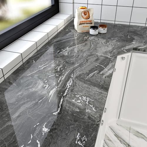 Image of HotDecor Grey Marble Wallpaper Self Adhesive Silver Grey Marble Vinyl Wrap for Kitchen Worktop Cupboards Sticky Back Plastic Roll Gloss Worktop Vinyl Covering Washable Living Wallpaper 40cm X 200cm