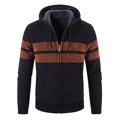Image of Mens Hoodie Knitted Cardigan Fleece Lined Knit Sweater Jacket Full Zip Long Sleeve Chunky Knitwear Drawstring Hoody Jumper Autumn Winter Thick Warm Coat Casual Fashion Outerwear Top Black