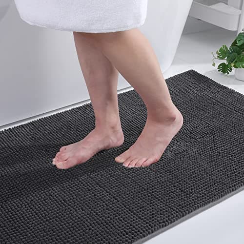 Image of smiry Non Slip Chenille Bath Mat, 60 x 90 cm, Extra Soft Bathroom Mat, Super Absorbent Fluffy Bath Mats for Bathroom Floor, Machine-Washable Dry Bath Rug Foot Mat, Dark Grey