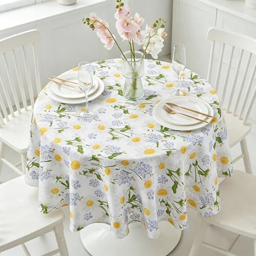 Image of SUCHDECO Round Tablecloth 150cm Table Cloth Wipe Clean Table Cloths Waterproof Wipeable Floral Table Cover for Garden Table, Kitchen, Dining Room, Party, Coffee Table, White Daisy