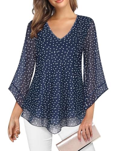 Image of Gemulate Womens Tops Ruffle 3/4 Sleeve Blouses for Women UK Ladies Evening Wedding Guest Plus Size Party Going Out Top V Neck Chiffon Tops Double Layers Mesh Shirts Navy Blue Dot XXL