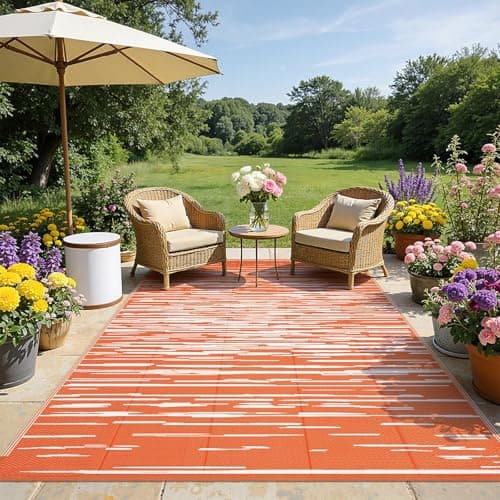 Image of SHACOS Outdoor Rugs for Patios Orange 240 x 300 cm Large Waterproof Garden Rug Reversible Plastic Straw Rug UV Resistant Easy Cleaning Outdoor Camping Mat for Balcony, RV, Backyard, Picnic, Deck