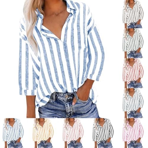 Image of Womens Striped Cotton Linen Shirts UK Clearance 3/4 Sleeve Button Down Shirt Summer Casual Stripe Print Blouses 2025 Fashion Loose Fit Tees Regular-Fit Cotton-Linen Tops Ladies Elegant Tunic Top