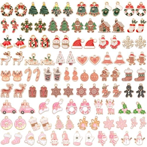 Image of SANNIX 110Pcs/55 Pairs Christmas Charms, Holiday Enamel Charms Red Green Pink Gingerbread Xmas Pendants for DIY Bracelet Necklaces Earrings Craft Supplies