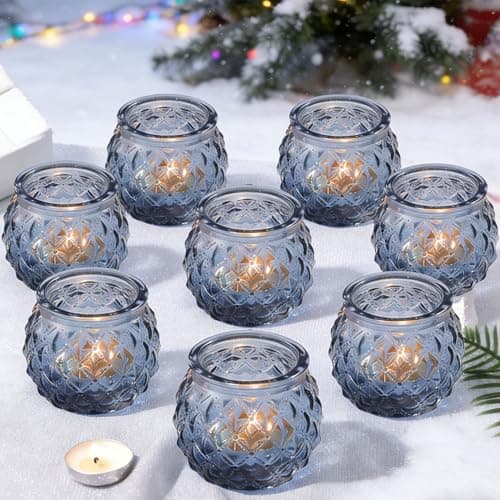 Image of 12Pcs Glass Tea Light Candle Holders, Blue Votive Candle Holders Tealight Holders for Table Centerpiece Wedding Home Decoration (Blue)