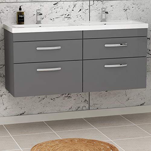 Image of 1200mm Wall Hung Bathroom Vanity Unit Double Basin 4 Drawers Storage Cabinet Furniture - Indigo Grey Gloss
