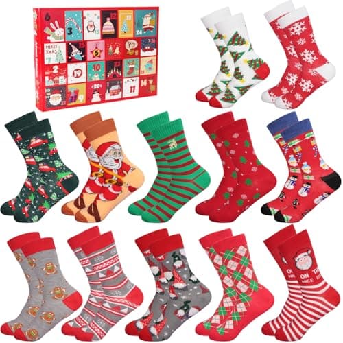 Image of 12 Pairs Christmas Socks Women's Advent Calendar 2025, 24-Grid Women's Socks Christmas Countdown, Santa Elk for Christmas Calendar with 24 Surprises Gift Set (Style 1)