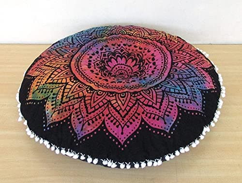 Image of 32" Mandala Large Floor Pillow Cover Rainbow Cushion Seating Throw Hippie Round Colourful Decorative Bohemian Accent Boho Chic Indian Pouf Ottoman Handmade COVER ONLY (Flower-Multicolour)