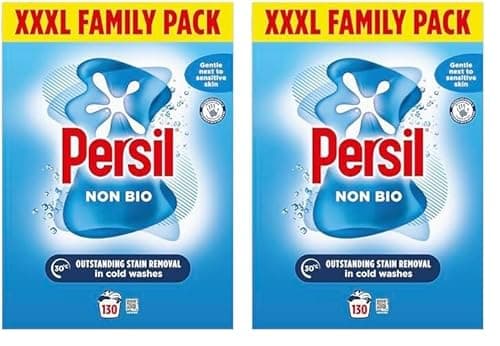Image of Persil Non Bio Washing Powder XXXL Family Pack gentle next to sensitive skin for outstanding stain removal in cold washes 130 washes (6.5 kg) (Pack of 2)