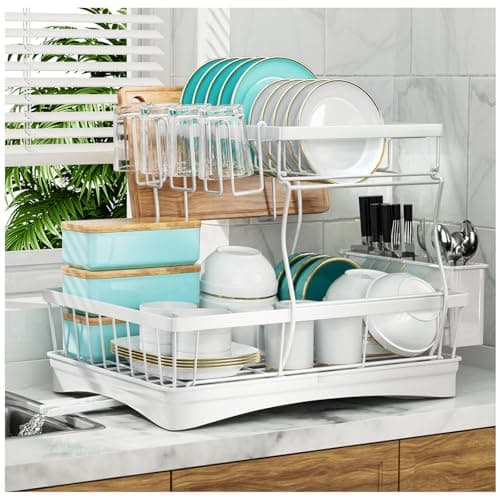 Image of 7 code Large Dish Drying Rack for Kitchen Counter,Detachable Large Capacity Dish Drainer Organizer with Utensil Holder,2-Tier Dish Drying Rack with Drain Board,White