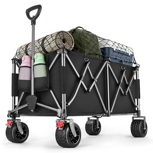 Image of 190L Festival Trolley on Wheels, Folding Wagon, Portable Camping Cart, Camping Trolley Foldable for Beach Outdoor Garden Shopping Fishing, Ultra Wide Wheels Classic Black