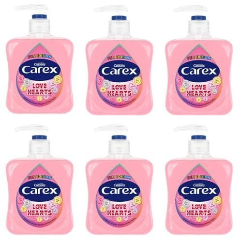 Image of Carex Fun Editions Love Hearts Hand Wash Pack of 6, Antibacterial Hand Soap with Fun Edition Swizzles Love Hearts Fragrance, Soap that Cleans, Cares and Protects, 250ml