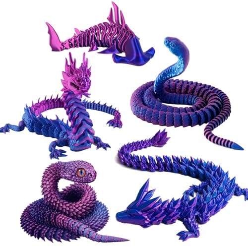 Image of 5PCS 3D Printed Animals, Shark Skeleton Viper Chinese Dragon Cobra Set, Unique Decorative Collectibles for Office and Home, Stress Relief Fidget Toys for Adults and Kids